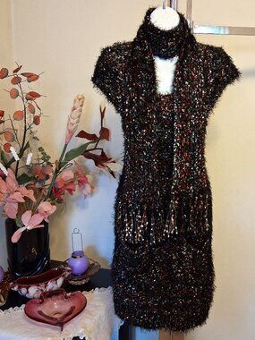 Papillon Unique Design Knit Cardigan Sweater Midi Dress with Scarf 10 M